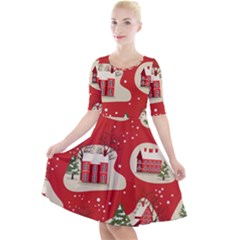 Christmas New Year Seamless Pattern Quarter Sleeve A-line Dress With Pockets