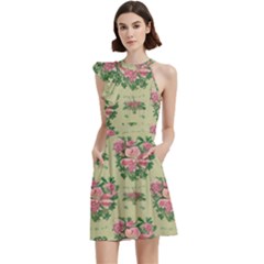 Retro 1880s Flowers Pattern 9 Cocktail Party Halter Sleeveless Dress With Pockets