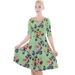 Retro 1880s Flowers Pattern 24 Quarter Sleeve A-line Dress With Pockets