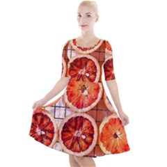 Orange, Fruit, Citrus Quarter Sleeve A-line Dress With Pockets