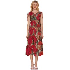 Floral Design 05 V-neck Drawstring Shoulder Sleeveless Maxi Dress