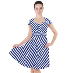 Blue And White Abstract Stripes Cap Sleeve Midi Dress With Pockets