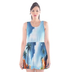 Delicate Watercolor Painting Surreal Oasis Scene With Intense Dramatic Lighting Scoop Neck Skater Dress