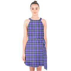 Blue Tartan Plaid 1 Halter Collar Waist Tie Chiffon Dress by dressshop