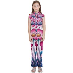 Fantasy Pink Flowers Stained Glass Kids  Sleeveless Ruffle Edge Band Collar Chiffon One Piece by Grandong