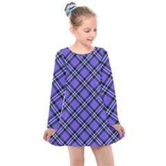 Blue Tartan Plaid 1 Diagonal Kids  Long Sleeve Dress by dressshop