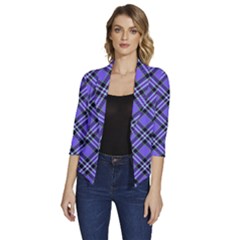 Blue Tartan Plaid 1 Diagonal Women s Draped Front 3/4 Sleeve Shawl Collar Jacket by dressshop