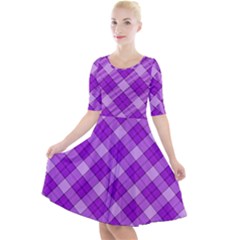 Purple Plaid Tartan 3 Diagonal (2) Quarter Sleeve A-line Dress With Pockets