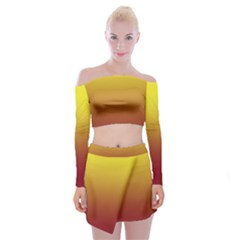 Electric Yellow To Burgundy Red Linear Gradient Off Shoulder Top With Mini Skirt Set