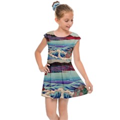 Wave Japanese Mount Fuji Ocean Kids  Cap Sleeve Dress