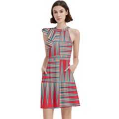 Zigzag Pattern Chevron Red Cocktail Party Halter Sleeveless Dress With Pockets