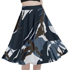 Blue Winter Camouflage, Military Camouflage A-line Full Circle Midi Skirt With Pocket