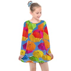 Umbrella, Colorful, Positive, Sky, Rainbow Kids  Long Sleeve Dress by kyorashop23