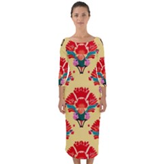 Retro 40s 50s Mexico Flowers Pattern 4 Quarter Sleeve Midi Bodycon Dress