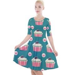 Retro 40s 50s Cupcake Pattern 2 Quarter Sleeve A-line Dress With Pockets