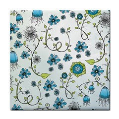 Blue Whimsical Flowers  On Blue Face Towel by Zandiepants