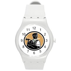 Carpenter Holding Hammer Woodcut Plastic Sport Watch (medium) by retrovectors