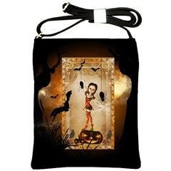 Halloween, Cute Girl With Pumpkin And Spiders Shoulder Sling Bags by FantasyWorld7