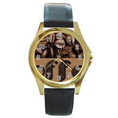 Funny Coffee Beans Brown Typography Round Gold Metal Watch by yoursparklingshop