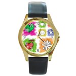 A Set Of Watercolour Icons Round Gold Metal Watch Front