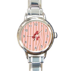 Number 4 Line Vertical Red Pink Wave Chevron Round Italian Charm Watch