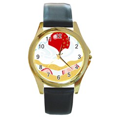 Seeds Strawberry Bread Fruite Red Round Gold Metal Watch