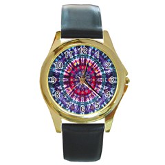 Red Purple Tie Dye Kaleidoscope Opaque Color Round Gold Metal Watch