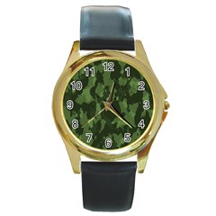 Camouflage Green Army Texture Round Gold Metal Watch by BangZart