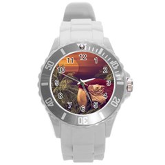 Tropical Style Collage Design Poster Round Plastic Sport Watch (l)