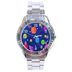 Planet Space Moon Galaxy Sky Blue Polka Stainless Steel Analogue Watch