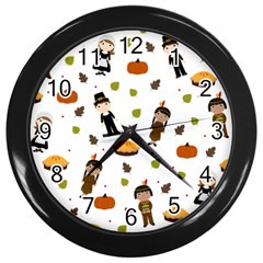 Pilgrims And Indians Pattern - Thanksgiving Wall Clocks (black) by Valentinaart