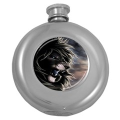 Angry Lion Digital Art Hd Round Hip Flask (5 Oz) by Celenk