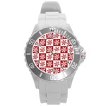 Snowflake Red White Round Plastic Sport Watch (L) Front