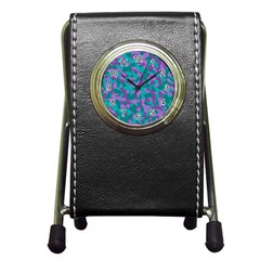 Purple And Teal Camouflage Pattern Pen Holder Desk Clock by SpinnyChairDesigns