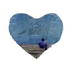 Senior Man Fishing At River, Montevideo, Uruguay001 Standard 16  Premium Flano Heart Shape Cushions by dflcprintsclothing