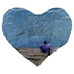 Senior Man Fishing At River, Montevideo, Uruguay001 Large 19  Premium Flano Heart Shape Cushions by dflcprintsclothing