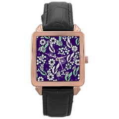 Floral Blue Pattern  Rose Gold Leather Watch  by MintanArt