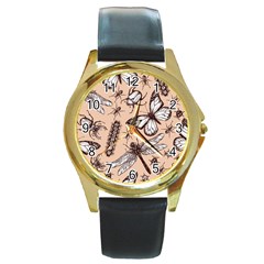 Vintage-drawn-insect-seamless-pattern Round Gold Metal Watch