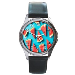 Watermelon Blue Background Round Metal Watch by artworkshop