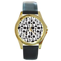 Wine Pattern Black White Round Gold Metal Watch