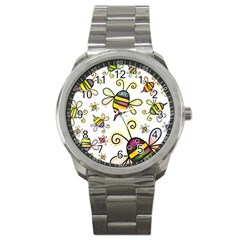 Bee Doodle Cartoon Sport Metal Watch by Wegoenart