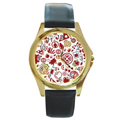 Pizza Seamless Pattern Background Round Gold Metal Watch