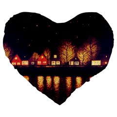 Night Houses River Bokeh Leaves Fall Autumn Large 19  Premium Heart Shape Cushions by danenraven