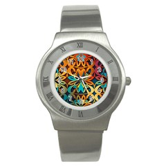 Orange, Turquoise And Blue Pattern  Stainless Steel Watch by Sobalvarro