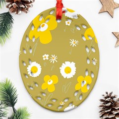 Daisy Flowers Yellow White Olive  Ornament (oval Filigree) by Mazipoodles