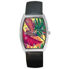 Monstera Tropical Design Beach Barrel Style Metal Watch