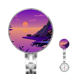 Sunset Sea Ocean Purple Pink Flowers Stone Stainless Steel Nurses Watch