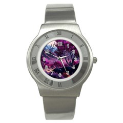 Landscape Landscape Painting Purple Purple Trees Stainless Steel Watch