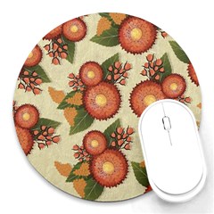 Flowers Leaves Pattern Flora Botany Drawing Art Round Mousepad by Ravend