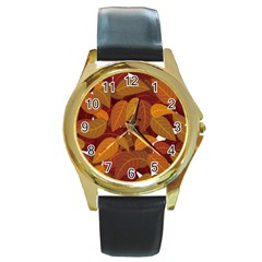 Watercolor Leaves Leaf Orange Round Gold Metal Watch